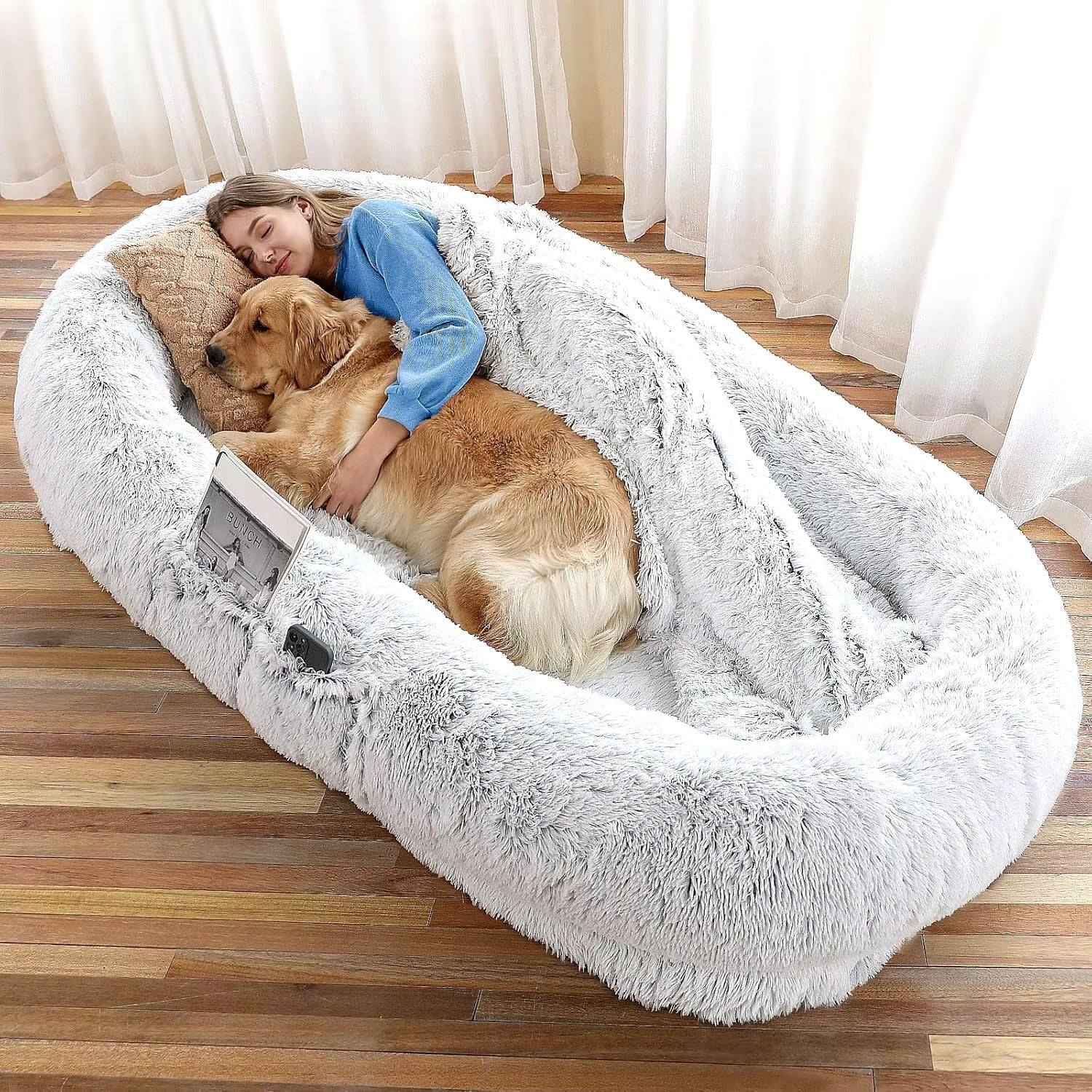 Human Dog Bed Fits You and Pets Washable Faux Fur Dog Bed for People Doze Off Napping Orthopedic Bed Grey